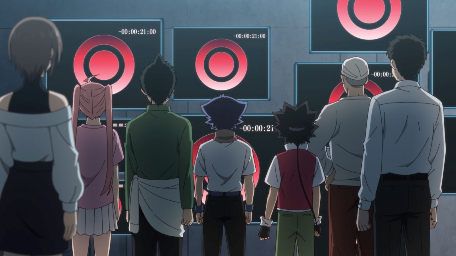 アニメ『多数欠』#12 謎の皇帝風マークが映し出された画面を見る一同