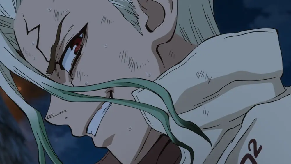 アニメ『Dr.STONE』石化装置を発動させ石化していく千空（CV.小林裕介