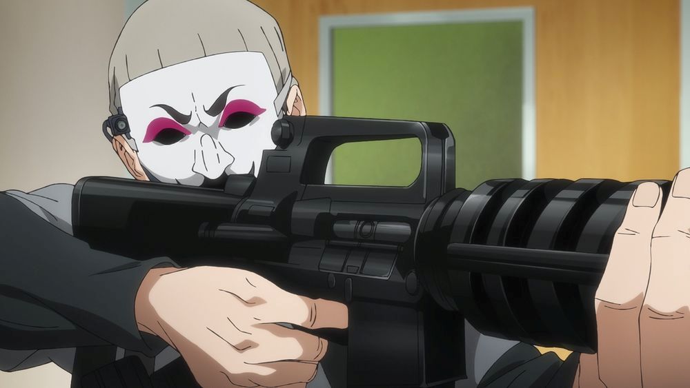 TVアニメ『ダーウィン事変』レッド・ピル銃撃事件PVの銃を構えるゲイルの画像