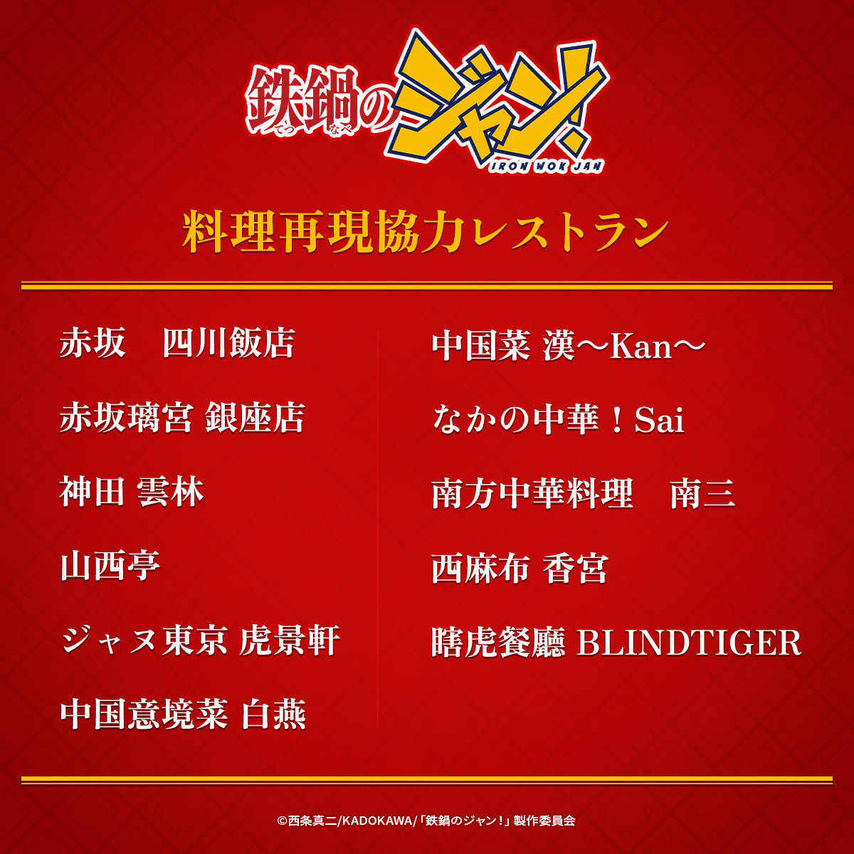 TVアニメ『鉄鍋のジャン！』協力中華料理店一覧