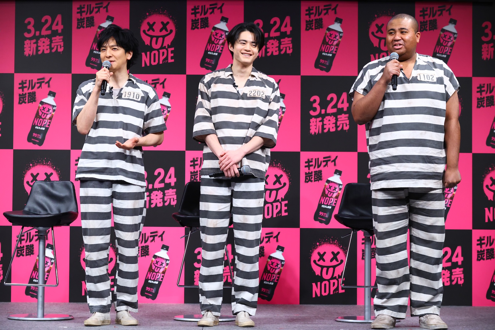 「ギルティ炭酸NOPE」戦略説明＆新TV-CM発表会に登壇した生田斗真、鈴鹿央士、アントニー