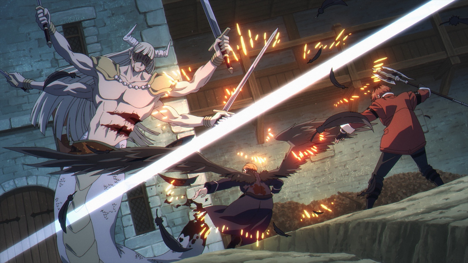 神技のレヴォルテと戦う戦士シュタルク、魔法使いゲナウの画像（アニメ『葬送のフリーレン』第2期）