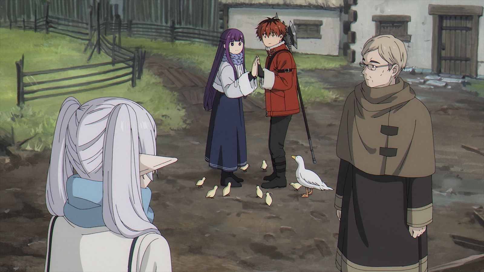 魔法使いフリーレン、フェルン、戦士シュタルクと村人の画像（アニメ『葬送のフリーレン』第2期）