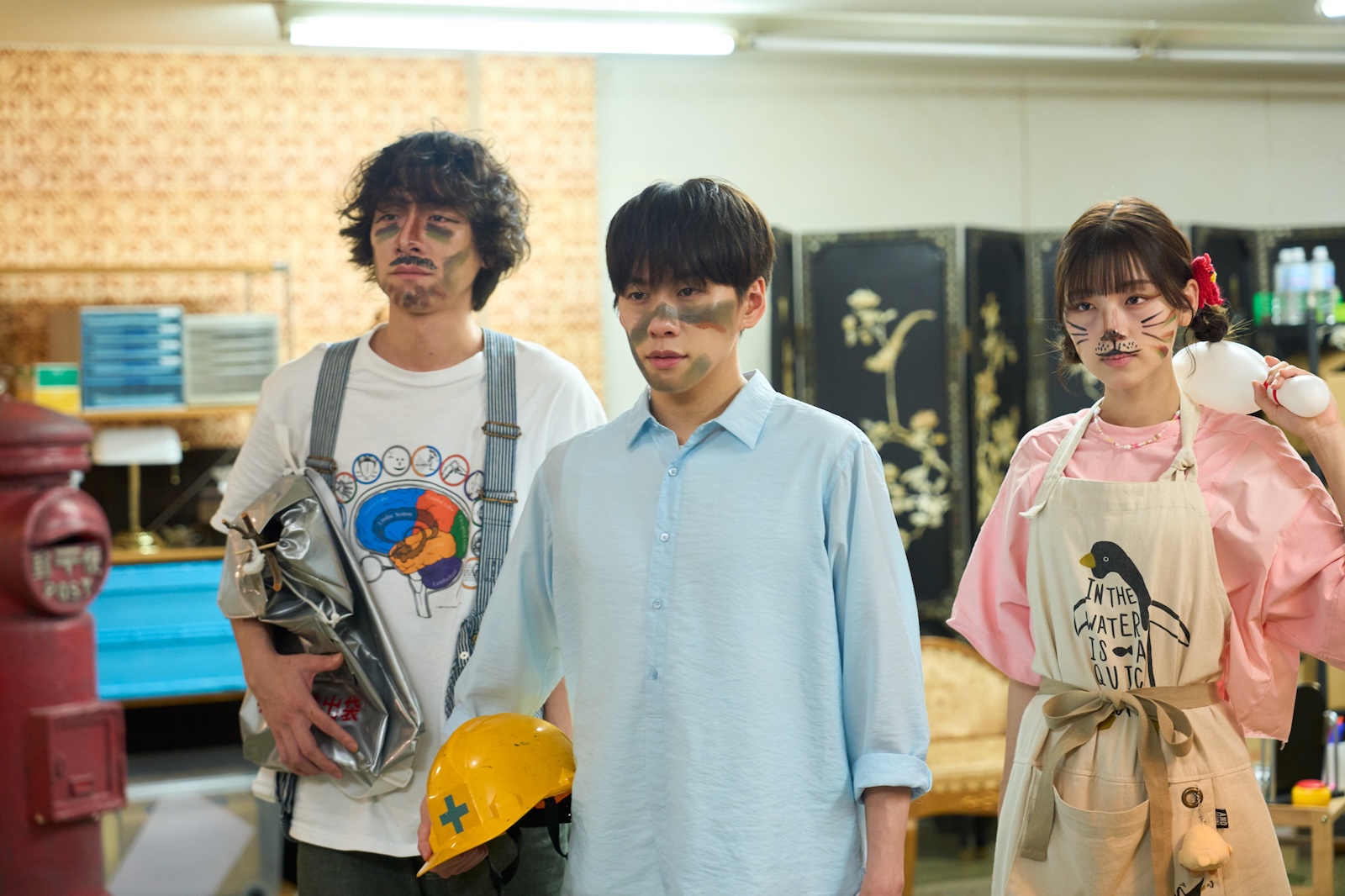 『ぴーすおぶせーふ』に出演する基俊介(IMP.)・佐々木美玲・落合モトキ